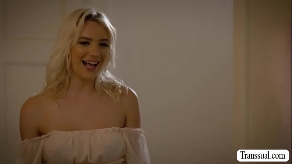 Gorgeous blonde comforts her sad shemale bestfriend by sucking her tranny hard cock passionately.After that,she lets her lick and fuck her wet pussy. 