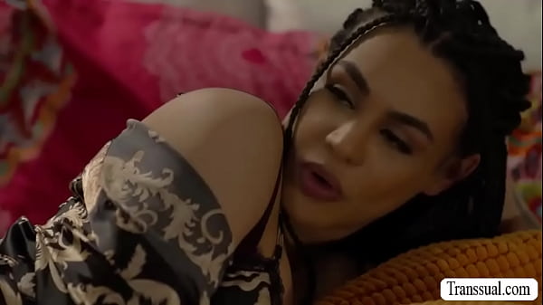 Anna De Ville goes to the room of her shemale stepsister Eva Maxim and throats her shecock.After that,she lets her fuck her wet pussy so hard. 