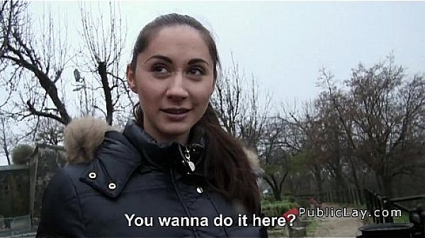 Euro brunette flashing in public for cash