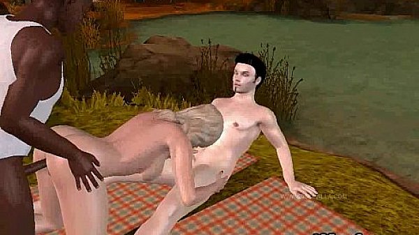 A hot interracial double team with blonde 3D babe