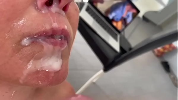 Blow Job when He look my Porn Video and Cum on my Face and in Mouth