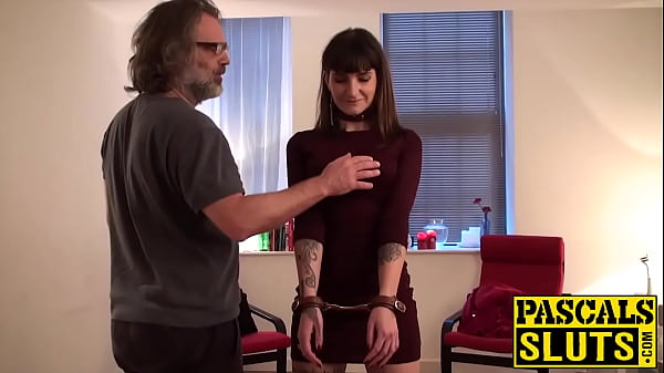 Horny tattooed girl on a leash is very submissive as she sucks and gets spanked while she fucks.