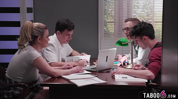 Naughty teen gangbanged by older men with double penetration in a library