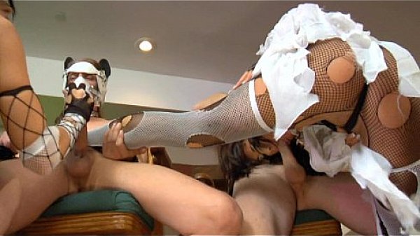 Group sex in ripped fishnet lingerie and heels