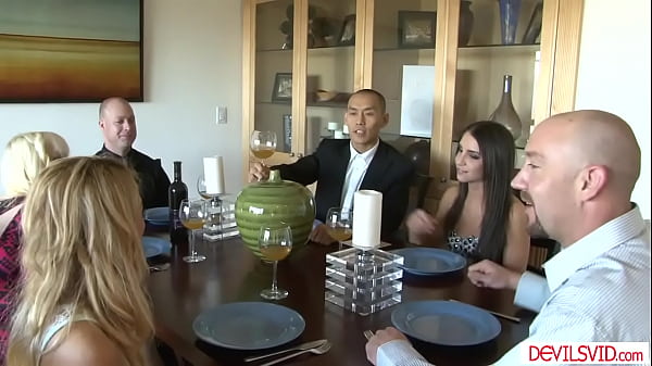 Three couples having swinger sex party.Big tits blonde wife gives her bffs husband blowjob.The petite brunette deepthroats while getting dp fucked.