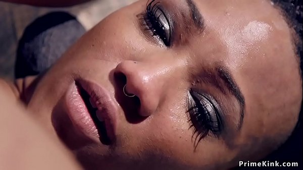 Gagged ebony slave gets ass hooked and pussy vibed  