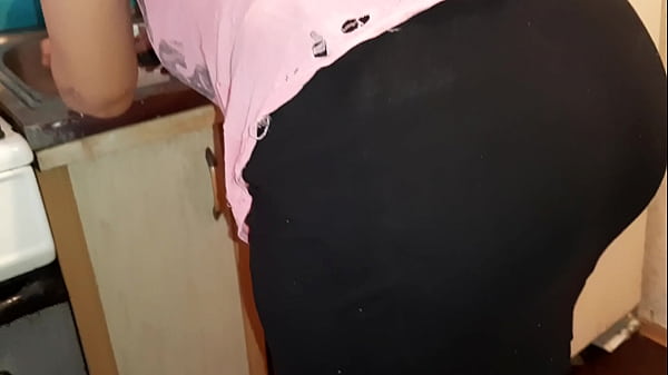 My hot stepmom in a miniskirt doesn't even know that I'm masturbating behind her  