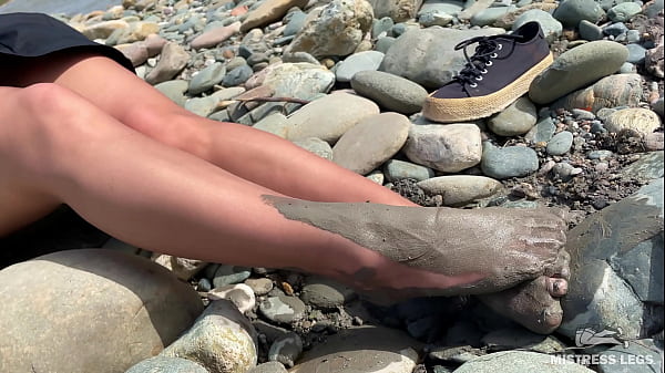 Dirty feet in pantyhose teasing outdoor  