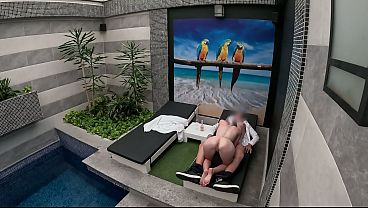 I undress unexpectedly in front of the apartment's waiter, open my towel by the pool, he agrees to eat me out, and I give him a handjob and blowjob until he finishes inside my mouth. It was his lucky day; it was the first time it had happened to him  