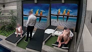 I undress unexpectedly in front of the apartment's waiter, open my towel by the pool, he agrees to eat me out, and I give him a handjob and blowjob until he finishes inside my mouth. It was his lucky day; it was the first time it had happened to him