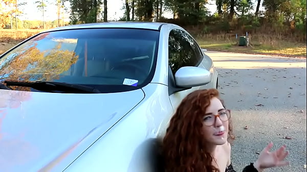 Nerdy red head gets fucked on car