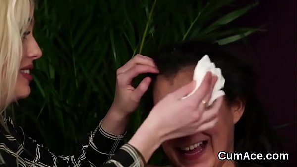 Sexy beauty gets cum shot on her face swallowing all the sperm