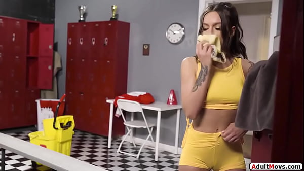 Busty petite babe thinks shes alone in lockerroom.She sniffs panties and masturbates.She catches the janitor spying.The brunette makes him lick pussy