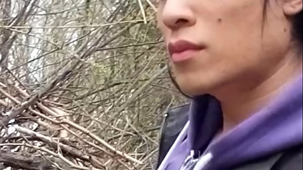 Cute Asian twink jerks off, moans and squirts big cumshots outdoors 