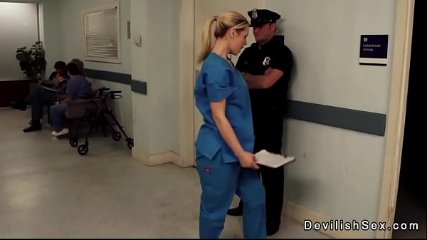 Sexy blonde nurse in uniform Tara Lynn Foxx seduces cop on a duty in the hospital and takes him in office where sucks his big cock deep throat  