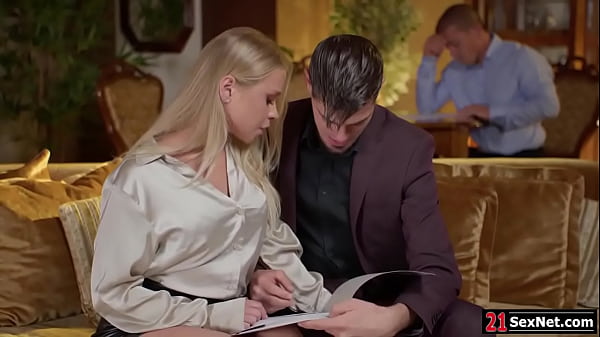 Big tits blonde applicant seducing the staff during interview.She gives blowjob.Another guy joins the threesome and double penetrate her ass and pussy  