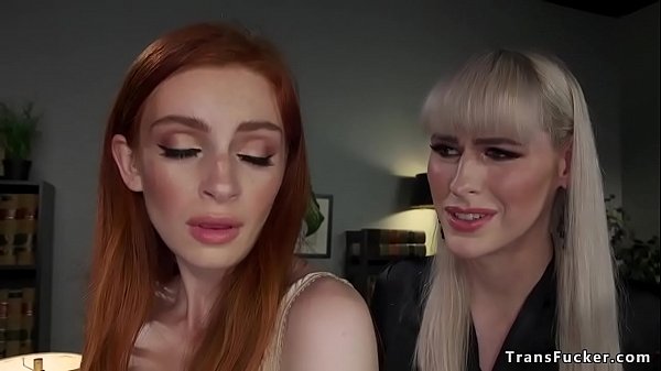 Blonde shemale boss fucks redhead employee Maya Kendrick then lets her anal fuck with strap on cock 