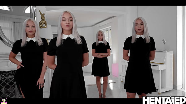 Hot beautiful blonde twin sisters are having fun with a big black dildo full of sperm  