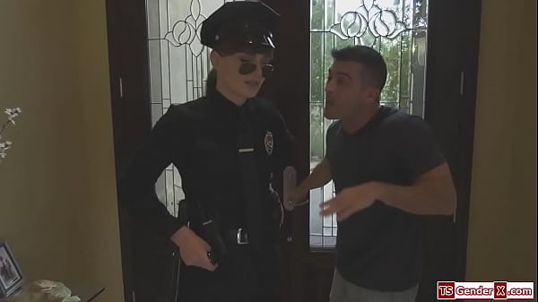 Guy gets horny watching the trans police Natalie Mars in her uniform.He pulls out the tgirls cock and sucks it.The ts gives him a bj and is barebacked