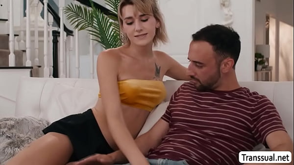 Big tits horny TS Jayne Calloway and her new roommate Jacob Coldwate kissing each other on the couch 