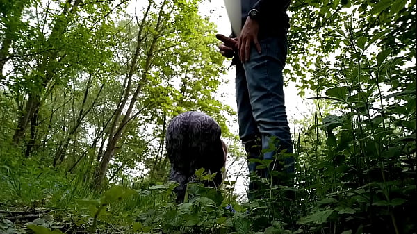 Sexy MILF kisses me and jerks off my cock outdoors  