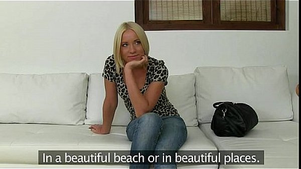 Hot blonde sucks big dick on couch on her casting
