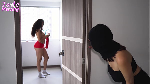 Girl Robber breaks into a house and watch the house owner getting naked, they both fucked wild