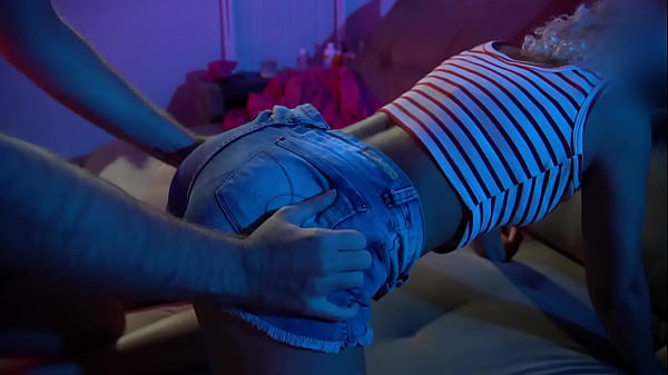 BOUNCING on his lap with jeans shorts, he came THROUGH underwear