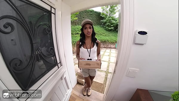 VRB Trans: Teen Latina T-girl Courier Deeply Sucks Huge Cock and Fucks In Ass Bareback pt.1  