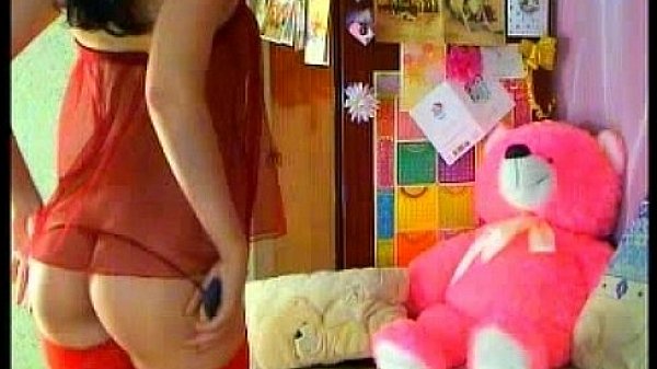 sexy brunette in red linjerie fucking with a red dildo(1)