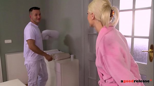 Blonde babe Blanche  gives an impressive deepthroat blowjob to her masseuse  