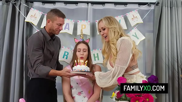 Hot brunette teen stepdaughter fucks with her stepmom and stepmom for her b-day 