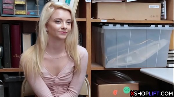 Blonde petite teen with a tighty pussy hard fucked by a mall cops fat cock in his back office after she gave stolen things to her friend 