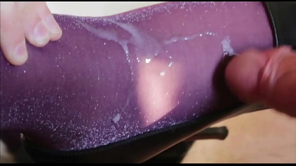 Footjob and sperm on violet nylon  