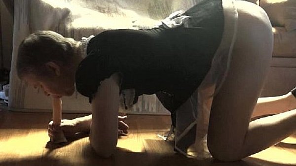 Gay sissy crossdresser sucking dildo in french maid fetish 