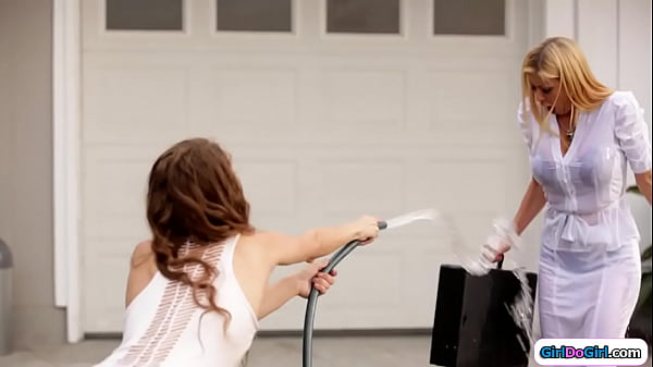 Petite small tits stepdaughter taught a lesson when she hosed her busty stepmom.The big boobs cougar spanks her and makes her lick her pussy and ass  