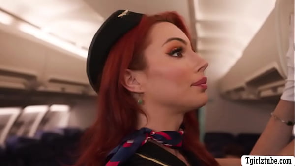 Trans flight attendant Ariel Demure lets her fat passenger Codi Vore suck her hard shecock in the plane 