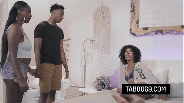 Bratty ebony stepsiblings share their milf stepmom's pussy