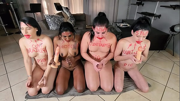 4 STUPID PIGS full of lipstick body writing doing naked exercises | dildo deepthroat | face spitting