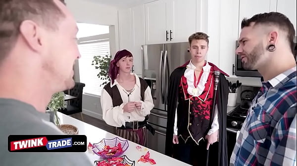 Twink Trade - Two Athletic Hunks Strip Off Their Cute Boys' Halloween Costumes And Pound Them Hard  