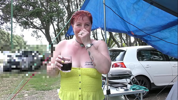 Master commands slutty MILF bitch to show off her tits & pussy at camping ground  