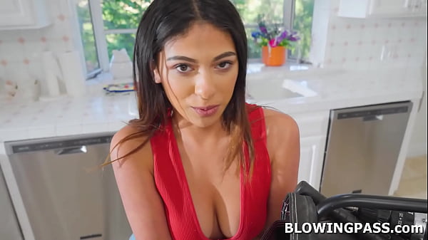 Teen Reyna Belle is messing around with the handman. She is seducing the guy by showing her tits. The dudge gets hard so she starts sucking his cock.  