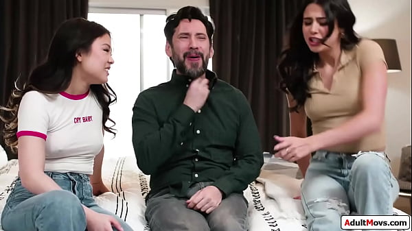 Gfs find out they date the same guy and decide share them.They make him watch while they kiss and lick pussy.The asian is facesitted while banged