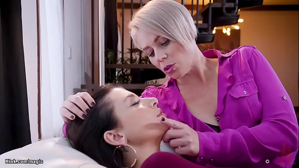 Blonde MILF stepmom Helena Locke anal fucks huge boobs brunette stepdaughter Ivy Lebelle while her boyfriend Seth pounding her pussy with big cock from behind