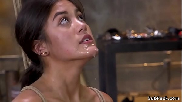 Hairy pussy brunette slave Kendra Spade with nice pair of tits in spread eagle bondage whipped and made ride vibrator  