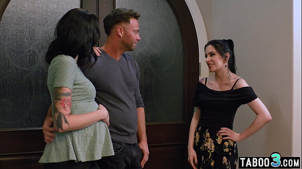 Dude banging a big boobed inked slut next to his naughty wife  