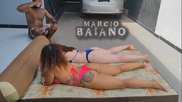 Two sluts can't stand to see their neighbor's hard cock and let him enjoy inside with a giant cock