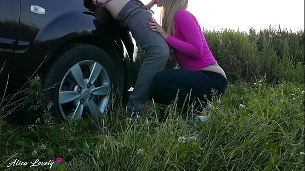 Blonde Sucks Cock and Fucks Standing Doggy Style in Field in Sunset Lights