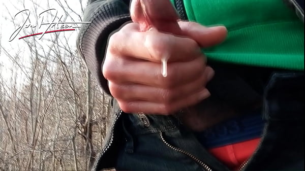 Asian twink jerks his cock outside and spurts thick, sticky, and dripping cum. 