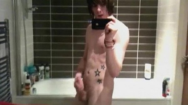 Cute gay emo filming himself in mirror while jerking gay porno